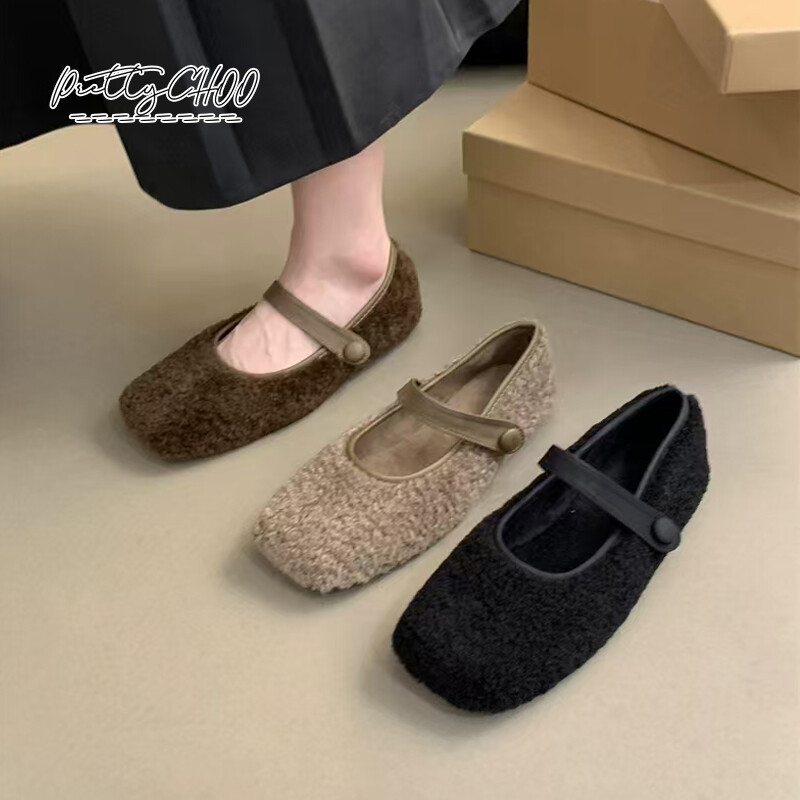Kandiline varvas Mugavad lambavillast balletikorterid Naine, soe mängukarusnahk Mary Jane`i kingad Naiste brändi disain Elegantsed kohevad plüüspüksid