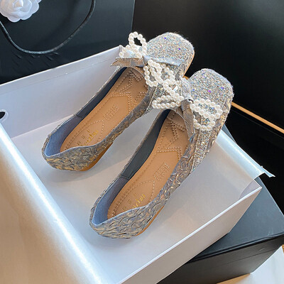 pärlipaelad vibu lamedad kingad naiste sädelevad lolita kingad plisseeritud slik kandiline varvas libisemine pätsidel naiste espadrillid suur suurus 43