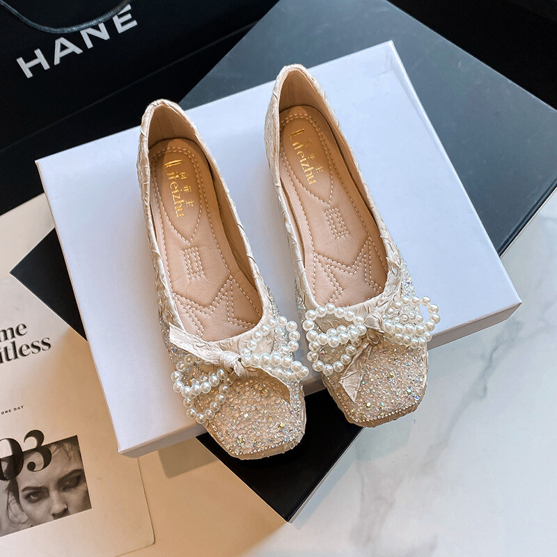 pärlipaelad vibu lamedad kingad naiste sädelevad lolita kingad plisseeritud slik kandiline varvas libisemine pätsidel naiste espadrillid suur suurus 43