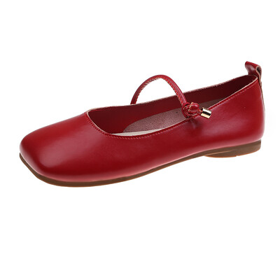 Balerini din piele moale pentru femei, cu centură de frânghie, balerini, pantofi cu vârfuri pătrate, mocasini pentru femei, roșii retro Mary Janes 2022 nou
