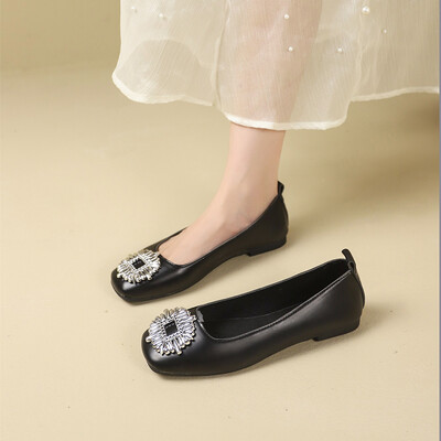 2024 sädelevad kivist kingad Naine hõbedane Jaapani nahk, lamedad, kandilised varbad, naiste balletid, kontorikleitid, naisterahvad