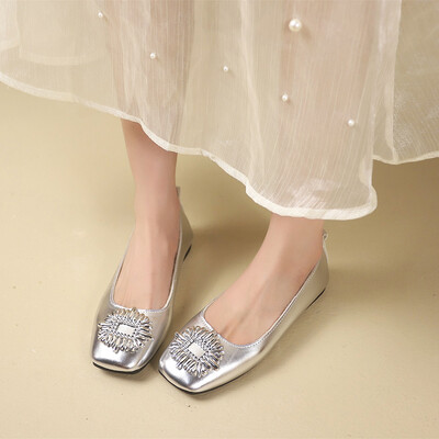 2024 sädelevad kivist kingad Naine hõbedane Jaapani nahk, lamedad, kandilised varbad, naiste balletid, kontorikleitid, naisterahvad