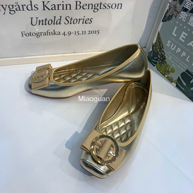 Dimensiune mare 43 Femei Moda Casual Flats Pantofi unici Cu vârful pătrat Mocasini din piele PU Femei Ballet Fete Drăguț Auriu Confortabil