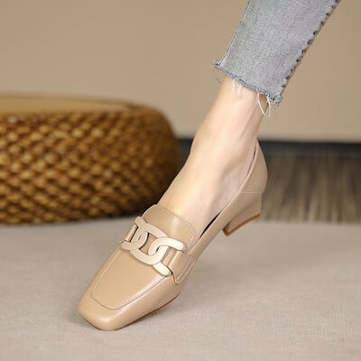 Pantofi pentru femeie 2024 Toc mic Încălțăminte de vară damă elegantă Mocasini negri Piele normală Casual Varf pătrat cu reducere șic