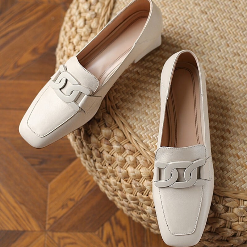 Pantofi pentru femeie 2024 Toc mic Încălțăminte de vară damă elegantă Mocasini negri Piele normală Casual Varf pătrat cu reducere șic