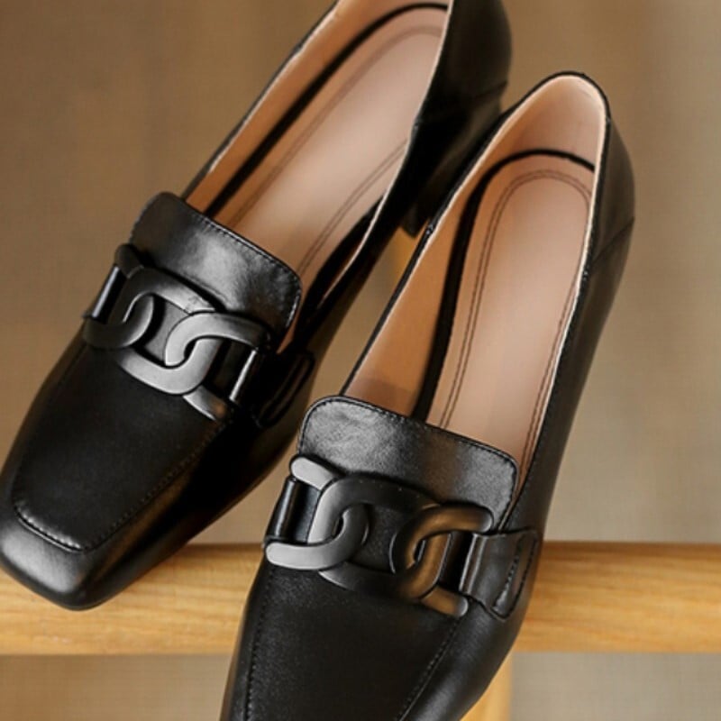 Pantofi pentru femeie 2024 Toc mic Încălțăminte de vară damă elegantă Mocasini negri Piele normală Casual Varf pătrat cu reducere șic