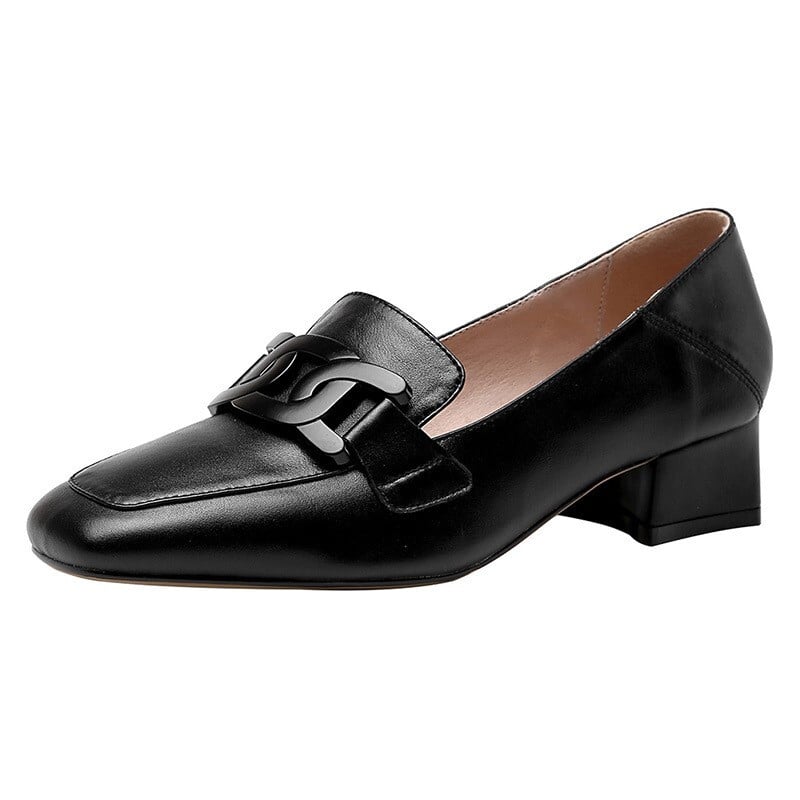 Pantofi pentru femeie 2024 Toc mic Încălțăminte de vară damă elegantă Mocasini negri Piele normală Casual Varf pătrat cu reducere șic