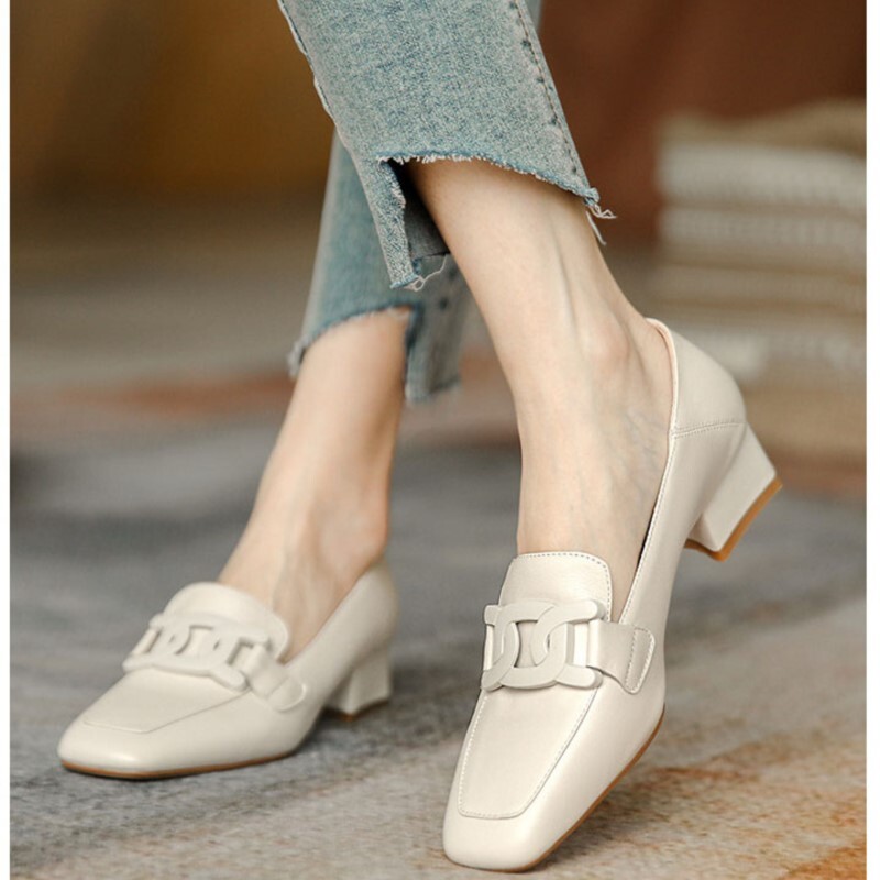 Pantofi pentru femeie 2024 Toc mic Încălțăminte de vară damă elegantă Mocasini negri Piele normală Casual Varf pătrat cu reducere șic