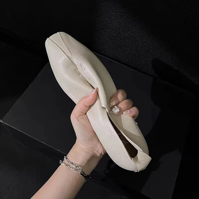 Ženske ravne cipele Prava koža Udobne ravne cipele Srebrno bež Jednostavne cipele Proljeće Jesen Mekane mokasine Četvrtasti vrh