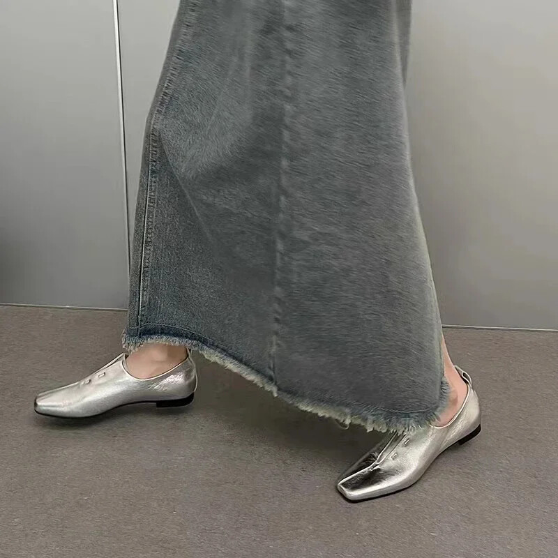 Ženske ravne cipele Prava koža Udobne ravne cipele Srebrno bež Jednostavne cipele Proljeće Jesen Mekane mokasine Četvrtasti vrh