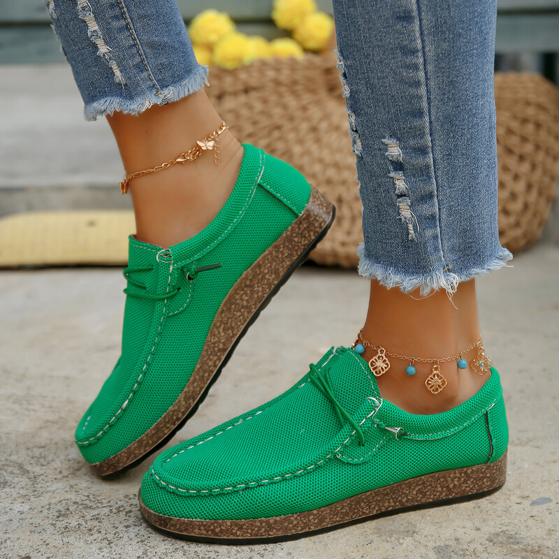 Розово-зелени мрежести маратонки Дамски дизайн на марката Леки плоски мокасини с приплъзване Дамски обувки за ходене с ниски шевове и връзки