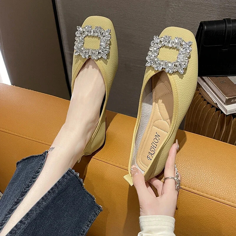 Încălțăminte pentru femei de mărime mare, pantofi cu vârf pătrat, primăvară, cu strasuri, cu cataramă, pantofi plat pentru femei, pantofi ocazionali pentru muncă de birou