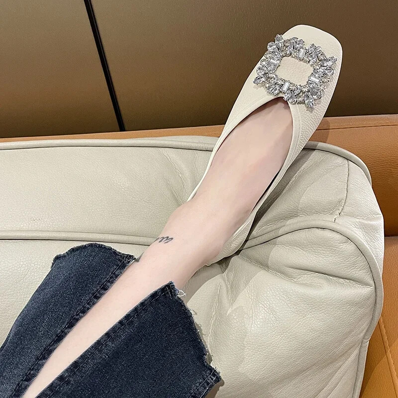 Încălțăminte pentru femei de mărime mare, pantofi cu vârf pătrat, primăvară, cu strasuri, cu cataramă, pantofi plat pentru femei, pantofi ocazionali pentru muncă de birou