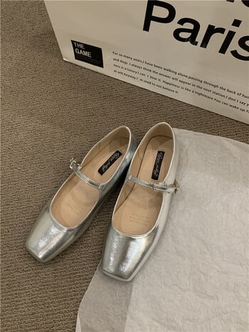 Mary Jane Shoes Woman 2024 Trend Ballet Flats Ασημένια ρετρό τετράγωνα loafers δερμάτινα παπούτσια με λουριά Μοκασίνια Formal Flat