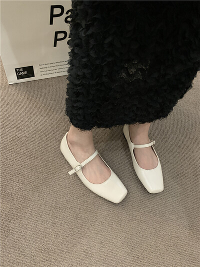 Cipele Mary Jane Ženske balerinke u trendu 2024. Srebrne retro mokasine s četvrtastim prstima Kožne cipele s remenom Mokasine Svečane ravne cipele