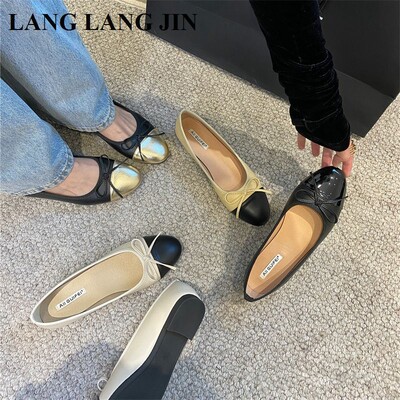 Moda cu vârf rotund pantofi ocazional plat pentru femei Pantofi pentru balet pentru femeie Balerini cu fundă Mocasini moi de marca negru cu bej Clasic Mujer
