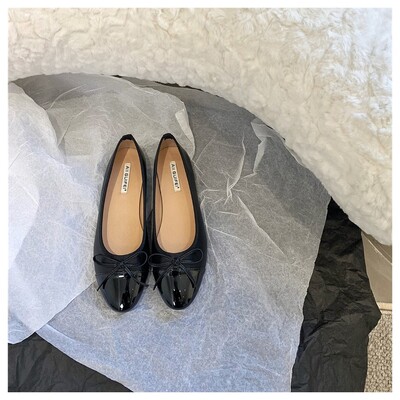 Модни плоски ежедневни обувки с кръгли пръсти Дамски равни обувки Балетни дамски балерини с лък Меки мокасини Марка черни с бежово Класически Mujer