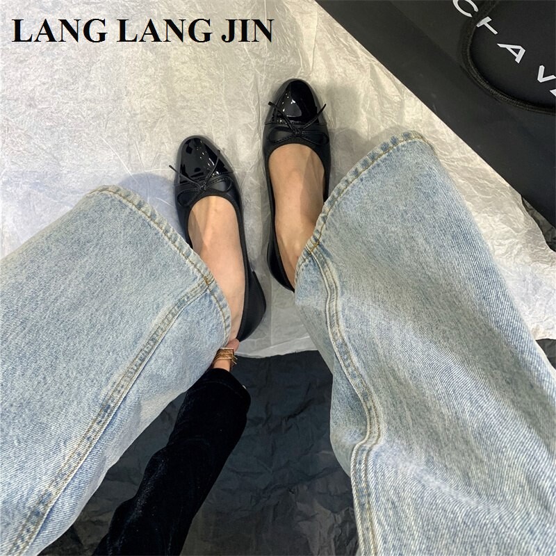 Модни плоски ежедневни обувки с кръгли пръсти Дамски равни обувки Балетни дамски балерини с лък Меки мокасини Марка черни с бежово Класически Mujer