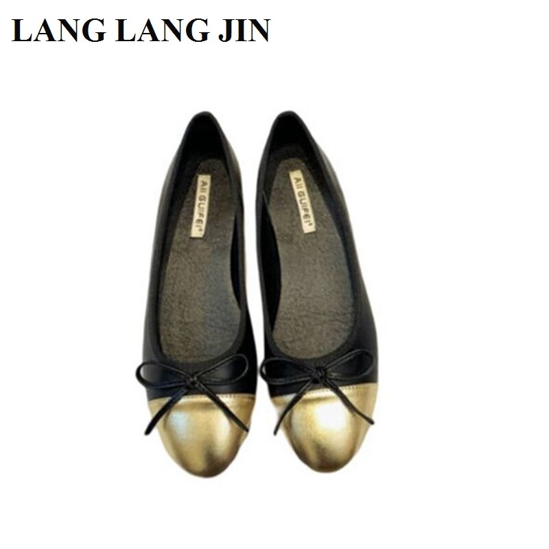 Модни плоски ежедневни обувки с кръгли пръсти Дамски равни обувки Балетни дамски балерини с лък Меки мокасини Марка черни с бежово Класически Mujer