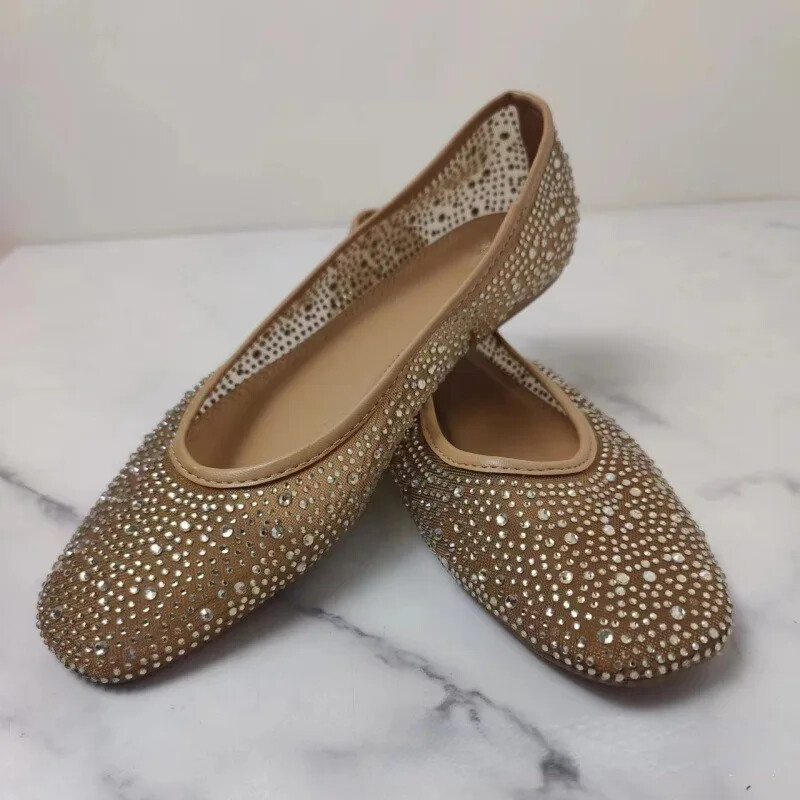 Ženske ljetne cipele za 2024. Nove plitke cipele s okruglim prstima, luksuzne sjajne dijamantne mrežaste tkanine, udobne balerinke za hodanje za žene