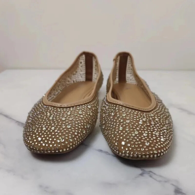 Ženske ljetne cipele za 2024. Nove plitke cipele s okruglim prstima, luksuzne sjajne dijamantne mrežaste tkanine, udobne balerinke za hodanje za žene