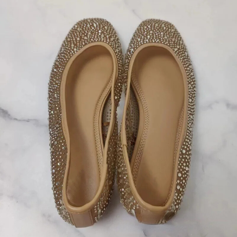 Ženske ljetne cipele za 2024. Nove plitke cipele s okruglim prstima, luksuzne sjajne dijamantne mrežaste tkanine, udobne balerinke za hodanje za žene