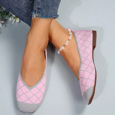 Дамски равни обувки с кръгли глави Разноцветни плетени обувки без обувки Ежедневни дишащи балетки Дамски равни обувки Мокасини Дамски