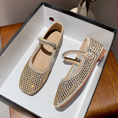 Võrgusilmast kristallpärlivärvi lamedad kingad, naiste kandiline varvas, kontori naiste luksuslikud kingad, suured Mary Janesi kingad 2024. aasta uued kevadkingad