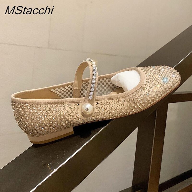 Võrgusilmast kristallpärlivärvi lamedad kingad, naiste kandiline varvas, kontori naiste luksuslikud kingad, suured Mary Janesi kingad 2024. aasta uued kevadkingad