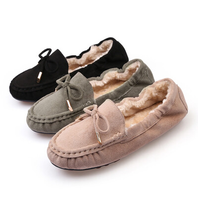 Mocasini casual cu vârf rotund pantofi balerină de piele de căprioară cu bowknot mocasini cu design elastic pentru femei espadrile din blană de iarnă