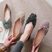 Pantofi eleganți cu margele de cristal, balerini, papion, cu vârf pătrat, pantofi de aur cu sclipici, pantofi de birou pentru femei, mocasini pentru femei