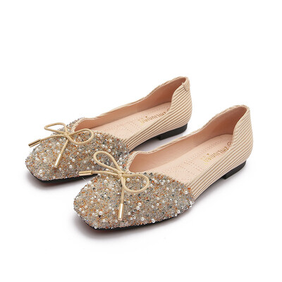 Pantofi eleganți cu margele de cristal, balerini, papion, cu vârf pătrat, pantofi de aur cu sclipici, pantofi de birou pentru femei, mocasini pentru femei