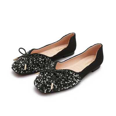 Pantofi eleganți cu margele de cristal, balerini, papion, cu vârf pătrat, pantofi de aur cu sclipici, pantofi de birou pentru femei, mocasini pentru femei