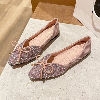 Pantofi eleganți cu margele de cristal, balerini, papion, cu vârf pătrat, pantofi de aur cu sclipici, pantofi de birou pentru femei, mocasini pentru femei