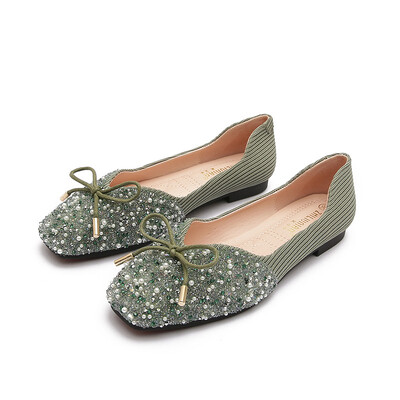 Pantofi eleganți cu margele de cristal, balerini, papion, cu vârf pătrat, pantofi de aur cu sclipici, pantofi de birou pentru femei, mocasini pentru femei