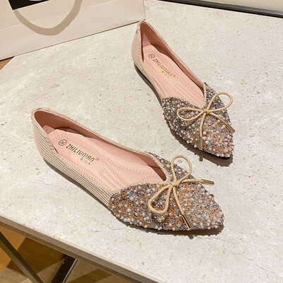 Pantofi eleganți cu margele de cristal, balerini, papion, cu vârf pătrat, pantofi de aur cu sclipici, pantofi de birou pentru femei, mocasini pentru femei