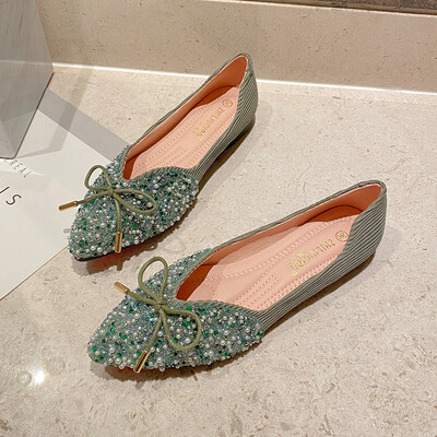 Pantofi eleganți cu margele de cristal, balerini, papion, cu vârf pătrat, pantofi de aur cu sclipici, pantofi de birou pentru femei, mocasini pentru femei