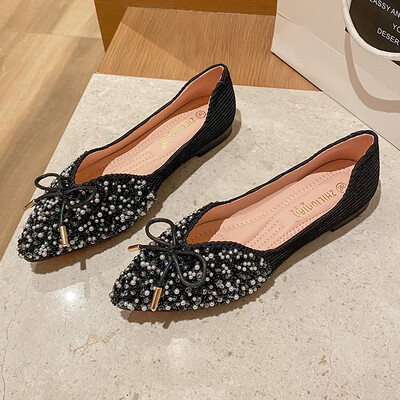 Pantofi eleganți cu margele de cristal, balerini, papion, cu vârf pătrat, pantofi de aur cu sclipici, pantofi de birou pentru femei, mocasini pentru femei