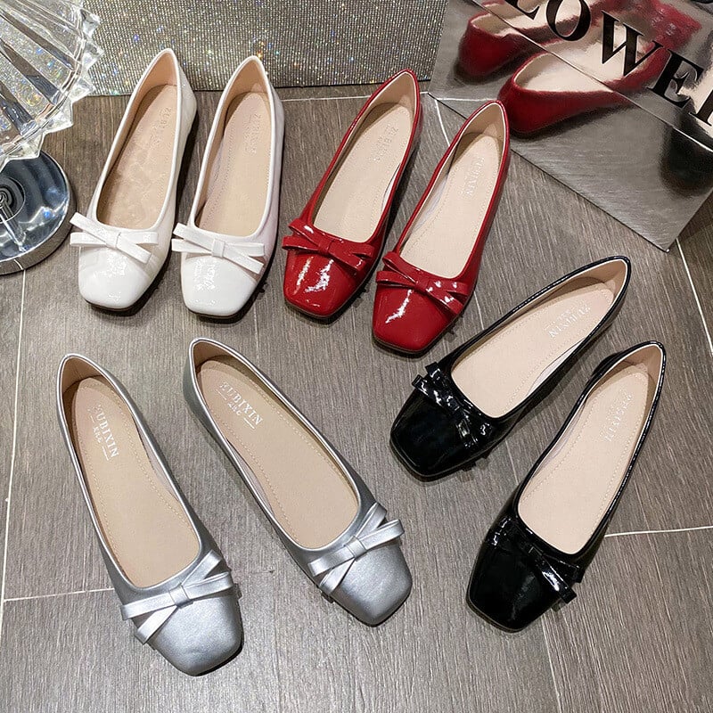 Κομψά γυναικεία ασημένια παπιγιόν φλατ Παπούτσια Woman Slip On Square Toe Loafers Μεγάλο μέγεθος 34-43 Femme Ballerina Φόρεμα γραφείου Μοκασίνια
