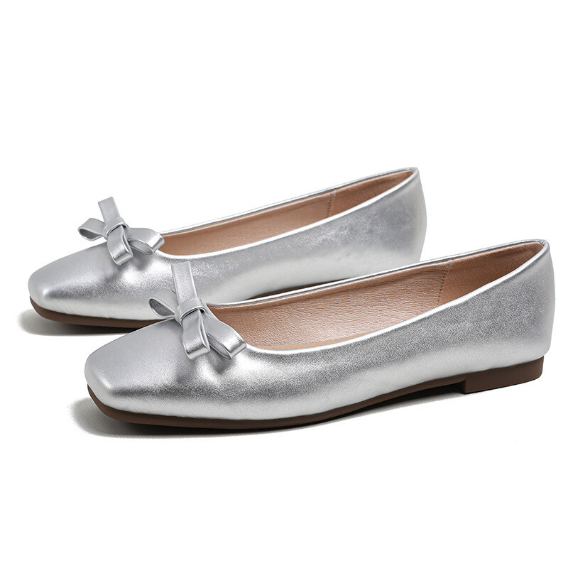 Κομψά γυναικεία ασημένια παπιγιόν φλατ Παπούτσια Woman Slip On Square Toe Loafers Μεγάλο μέγεθος 34-43 Femme Ballerina Φόρεμα γραφείου Μοκασίνια