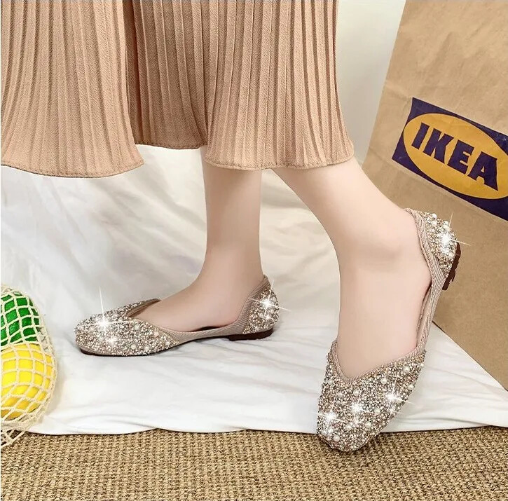 Glitter Crystal Pearl trukid Balletikingad Naised Kandilised varvaste libisemine Loafers Mugavad madalad väljalõigatud baleriinid Mokassiinid Naised