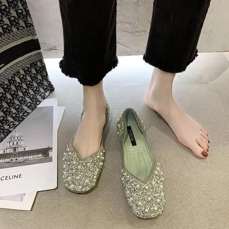 Glitter Crystal Pearl trukid Balletikingad Naised Kandilised varvaste libisemine Loafers Mugavad madalad väljalõigatud baleriinid Mokassiinid Naised