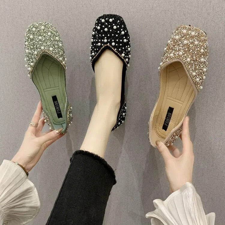 Glitter Crystal Pearl trukid Balletikingad Naised Kandilised varvaste libisemine Loafers Mugavad madalad väljalõigatud baleriinid Mokassiinid Naised