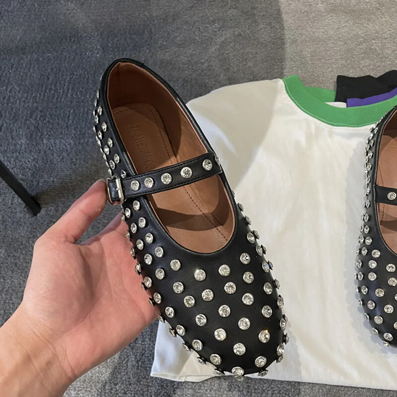 2024. aasta brändi disain Ehtsast nahast naiste vabaaja balletikorterid, mustad kristallid Mary Jane`i naiste kingad, kõrge kvaliteediga suur suurus 43