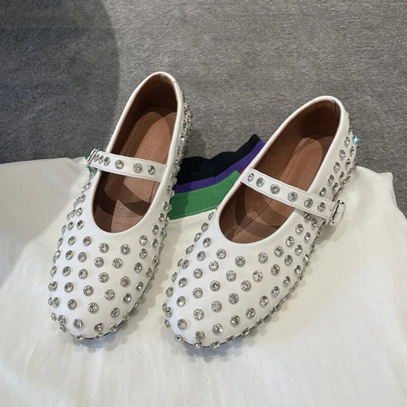 2024. aasta brändi disain Ehtsast nahast naiste vabaaja balletikorterid, mustad kristallid Mary Jane`i naiste kingad, kõrge kvaliteediga suur suurus 43