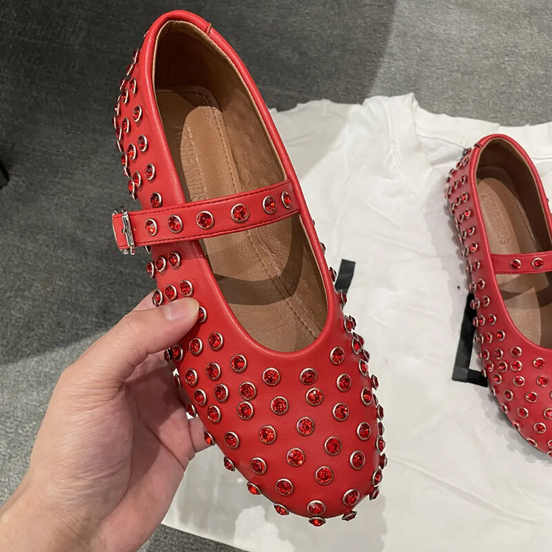 2024. aasta brändi disain Ehtsast nahast naiste vabaaja balletikorterid, mustad kristallid Mary Jane`i naiste kingad, kõrge kvaliteediga suur suurus 43