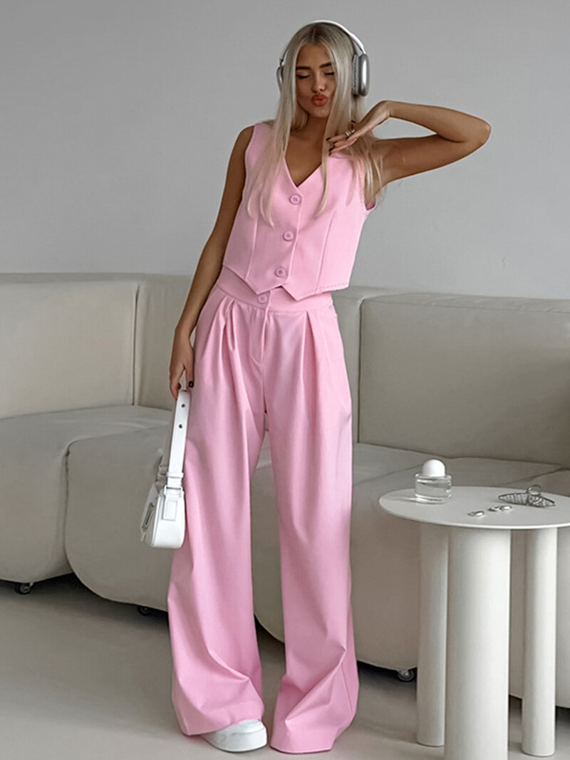 Toamna 2024, noua vestă roz fără mâneci, costum cu pantaloni largi, damă, modă europeană și americană, comerț exterior, set de două piese pentru femei