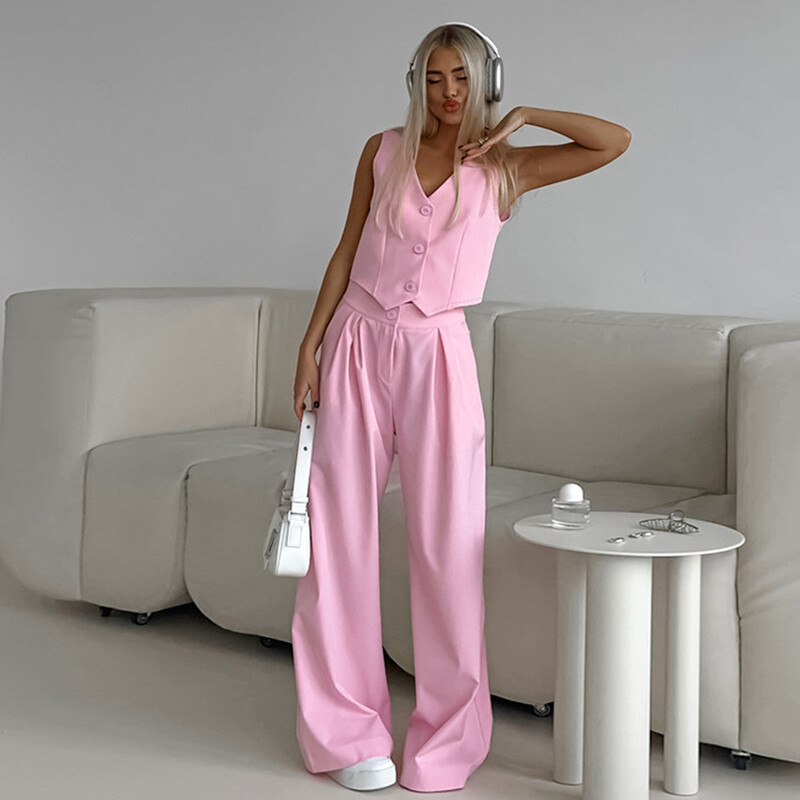 Toamna 2024, noua vestă roz fără mâneci, costum cu pantaloni largi, damă, modă europeană și americană, comerț exterior, set de două piese pentru femei