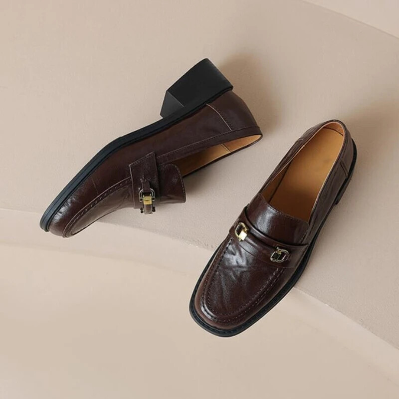 BRANGDY Mocasini cu vârf pătrat, pantofi noi din piele naturală, pantofi de primăvară clasici, cu cataramă vintage, pentru femei