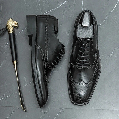 Nou în maro, pantofi brogue pentru bărbați, cu șireturi negre, cu vârful pătrat, pantofi de nuntă pentru petrecere, pantofi pentru bărbați, mărimea 38-46